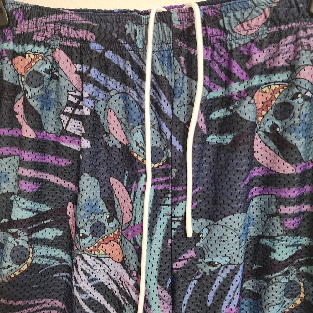 Disney Stitch Mesh Athletic Shorts Tropical Print Elastic Waist Drawstring - Picture 2 of 6